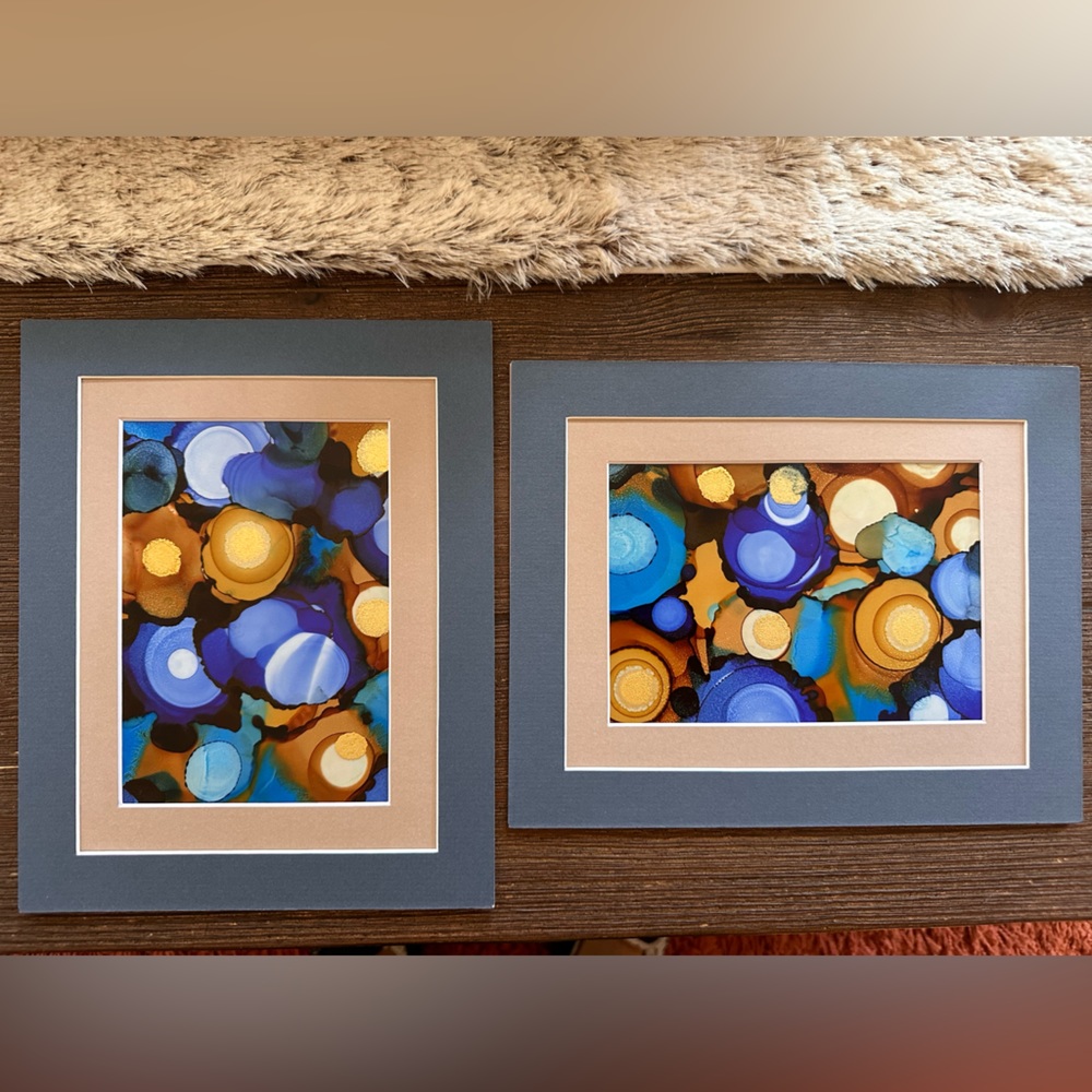 Hand crafted duo of paintings of blue and gold alcohol ink wall decor